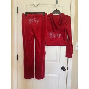 Juicy Couture size M Classic Bling Velour Tracksuit Flash Red Hoodie Pants NWT